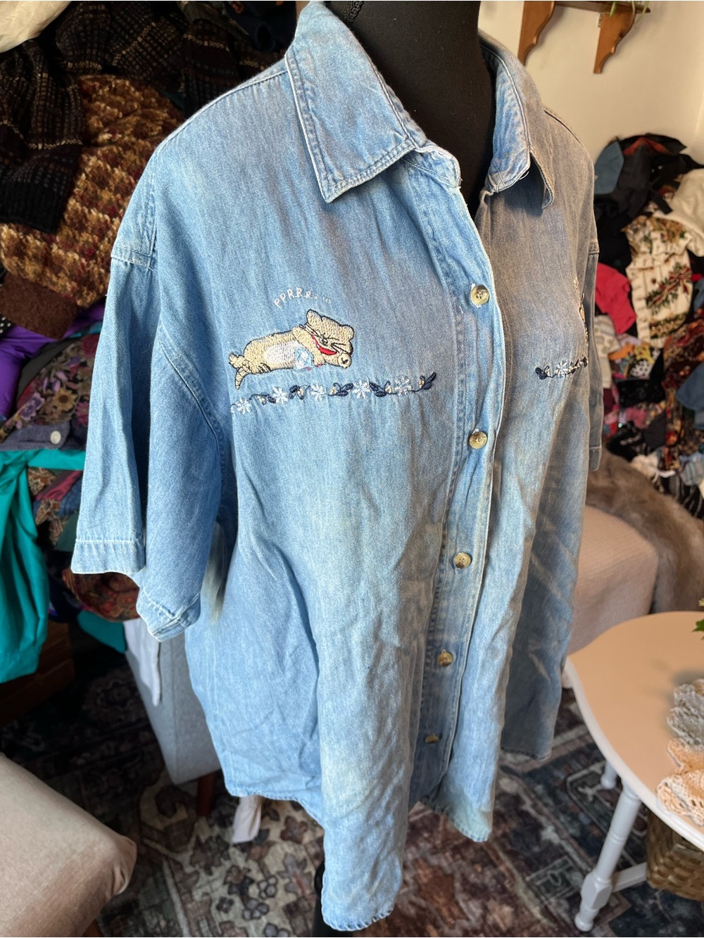 Vintage Light Blue Denim Cat Lovers Button-Up Shirt w Embroidered Kitten/Cat -2X